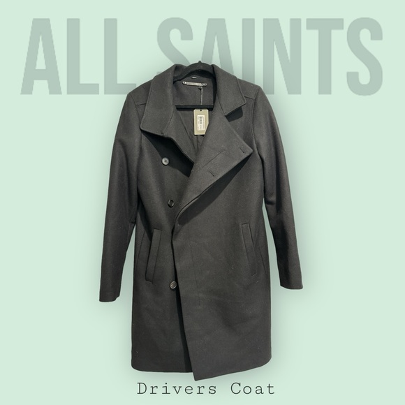 NWT All Saints Black Italian Cloth Wool Driver's Trench Coat Mid Length - Picture 1 of 10
